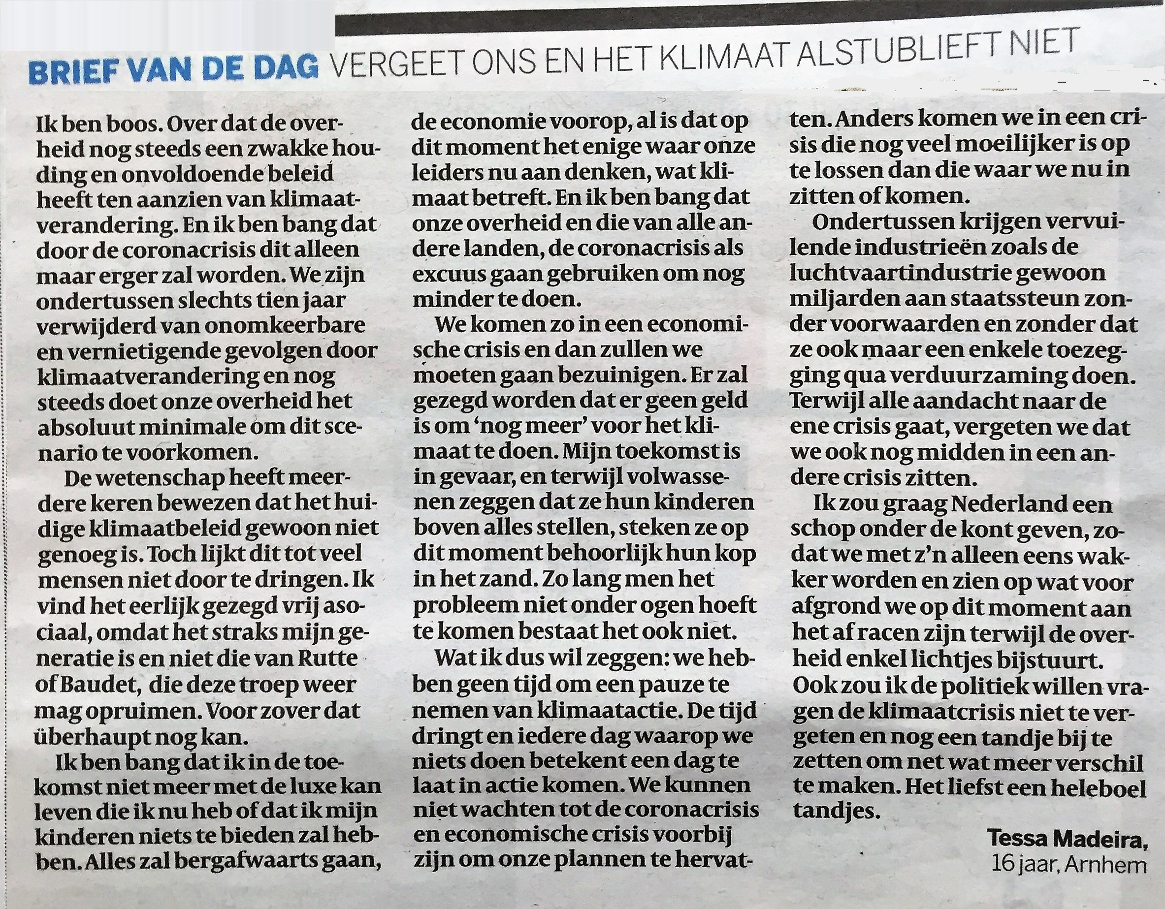 ingezonden brief Tessa Madeira