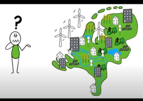 tekening van mannetje met ? bij een kaart van Nederland met ruimtevragende activiteiten