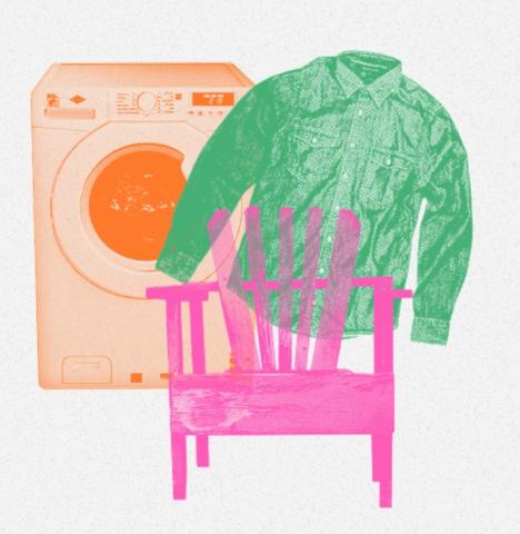 beeld van wasmachine, stoel en kledingstuk